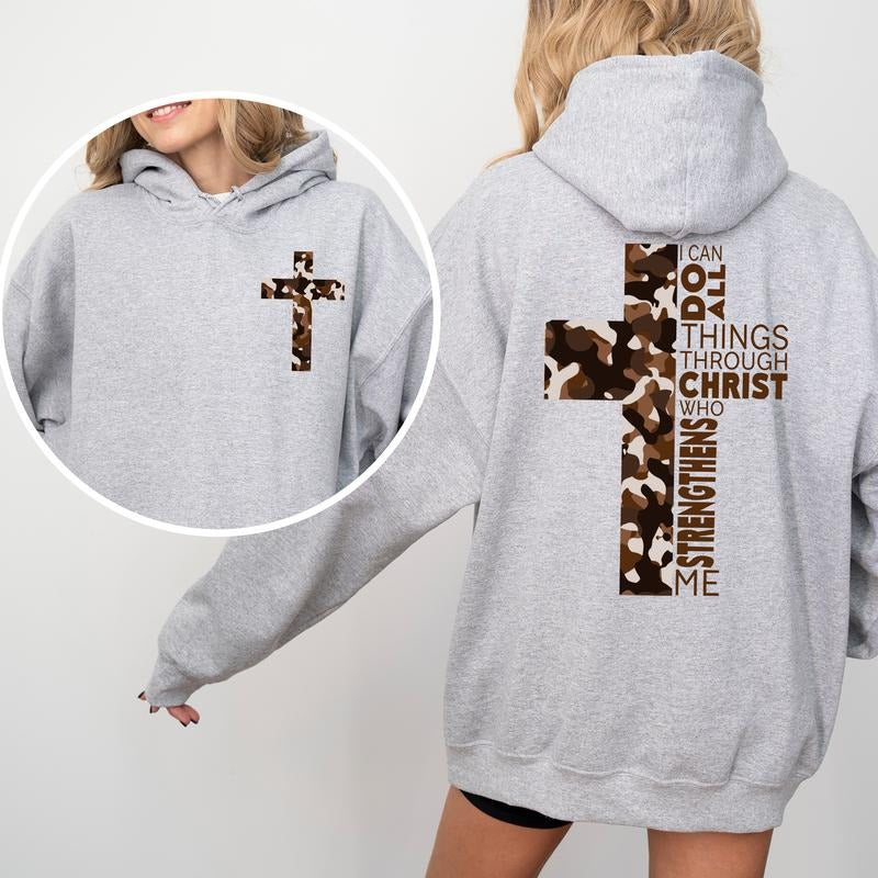 Camo Christian Cross Hoodie, I Can Do All Things Through Christ Hoodie, Unisex Hunting Tops, Bible Verse Pullover, Jesus Apparel, Religious Womenswear