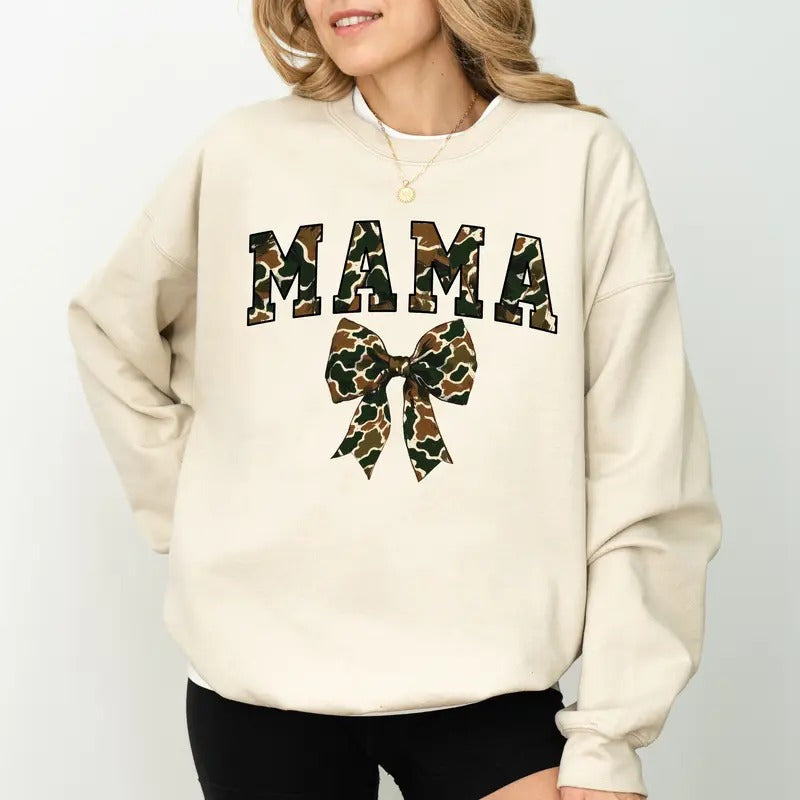 Camo Coquette Bow Mama Sweatshirt, Camo Bow Mama Crewneck, Mom Long Sleeved Pullover, Gift For Mom, Mother's Day Gift