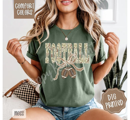 Camo Football Comfort Colors TShirt, Trendy Women's Bow Tee