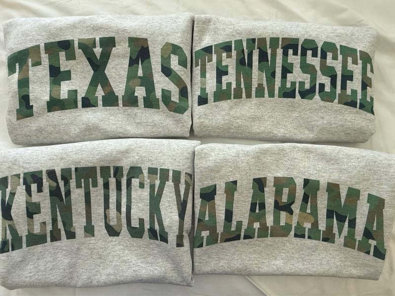 Camo State Name Sweatshirt Comfortable Fall Varsity Pullover Women's Fashion Crew Neck Texas Tennessee Kentucky Alabama