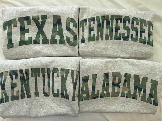 Camo State Name Sweatshirt Comfortable Fall Varsity Pullover Women's Fashion Crew Neck Texas Tennessee Kentucky Alabama