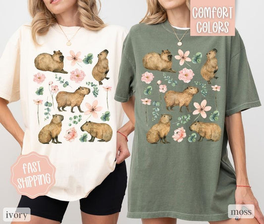 Capybara Floral Shirt Comfort Colors, Cute Capybara Shirt, Women's Oversized Shirt, Vintage Shirt