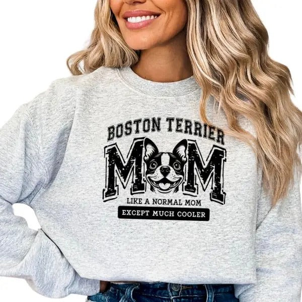 Casual Boston Terrier Dog Mom Sweatshirt, Dog Lover Pullover Crewneck Sweatshirt, Comfortable Long Sleeve Boston Terrier Mom Sweatshirt, Dog Mama Sweatshirt, Pet Tee, Dog Lover Gifts for Women, Boston Terrier Sweatshirt