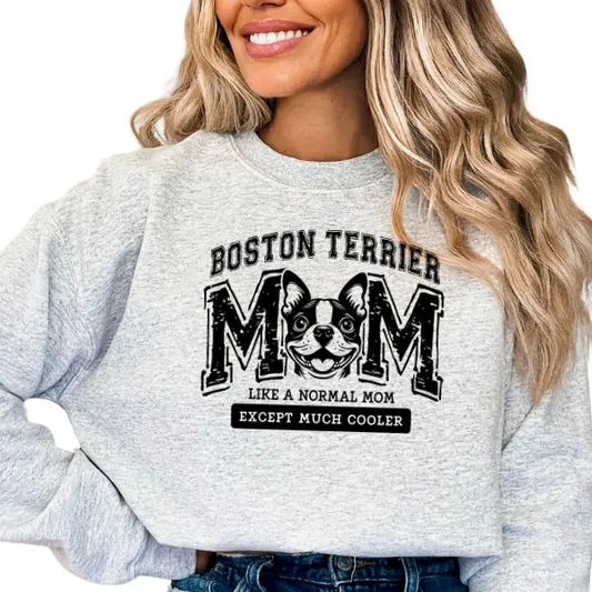 Casual Boston Terrier Dog Mom Sweatshirt, Dog Lover Pullover Crewneck Sweatshirt, Comfortable Long Sleeve Boston Terrier Mom Sweatshirt, Dog Mama Sweatshirt, Pet Tee, Dog Lover Gifts for Women, Boston Terrier Sweatshirt