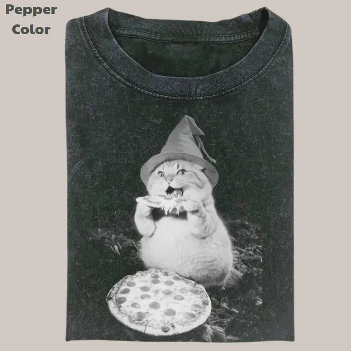 Cat PIZZA LOVER Vintage Tee, Cat T-Shirt, Meme Cringe Funny Dumb Shirts, Unisex Movie Shirt Menswear Womenswear Streetwear