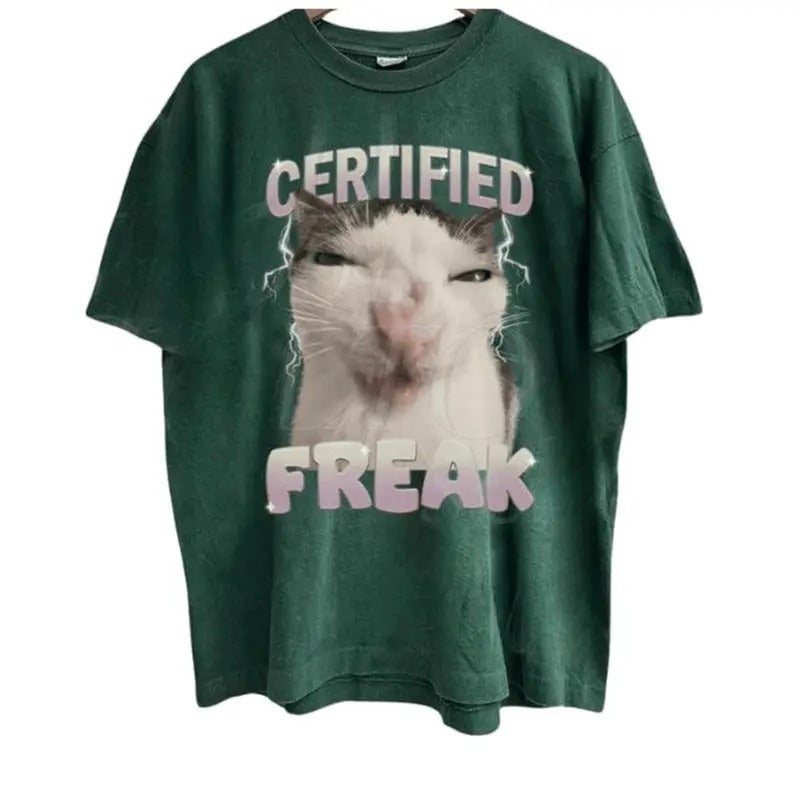 Certified Freak Cat Meme Graphic T-Shirt, Vintage Funny Cat Expression Graphic Tee, Cute Kitty Meme Unisex Retro Top Classic Cotton Hoodie