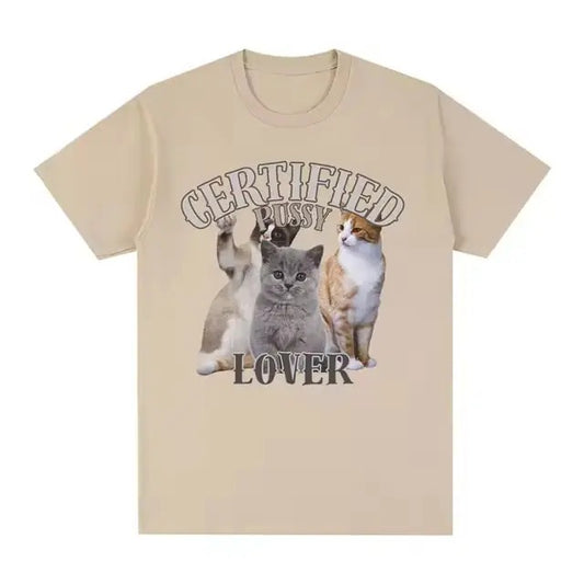 Certified Pusssyy Lover Funny Cat Meme Vintage Graphic Tee Men Women Fashion Vintage Short Sleeve T-shirt Cotton Oversized T-shirts Streetwear Top