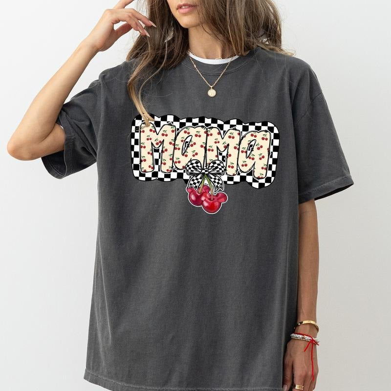 Checkerboard Mama Comfort Colors Shirt, Mama Coquette T-shirt, Cherry Mothers Day Graphic Tee, Gift for Mom, Girl Mom Outfits, Gift For Wife, Girl Mama Apparel