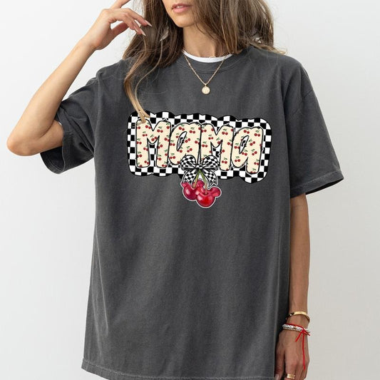 Checkerboard Mama Comfort Colors Shirt, Mama Coquette T-shirt, Cherry Mothers Day Graphic Tee, Gift for Mom, Girl Mom Outfits, Gift For Wife, Girl Mama Apparel