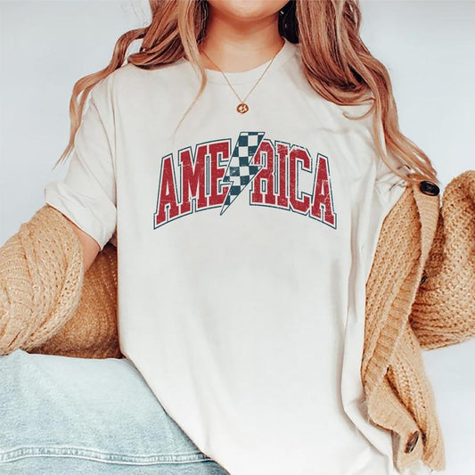 Checkered America Shirt, Patriotic Graphic Printed Tee, Independence Day Shirt, Unisex Vintage Flag T-Shirt, Freedom Comfy Fabric Tee, Comfy Oversized Graphic Tee, Gift For 4th of July, Women's Tops, Cotton Fabric Relaxed Fit Chic Style