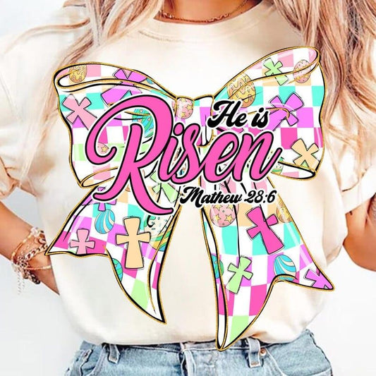 Christian Coquette T-shirt, He is Risen, Retro Easter, Checkered Cross, True Story