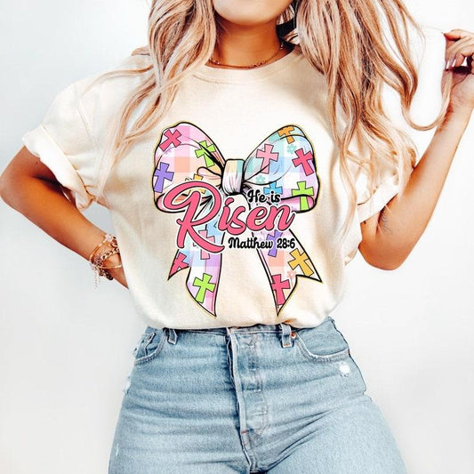 Christian Easter Coquette Bow, He is Risen, Checkered Easter, Jesus Cross, Easter Story T-shirt