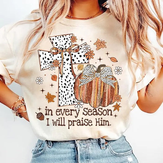Christian Fall T-Shirt, Coquette Gold Glitter Pumpkin Sweatshirt, Jesus Cross Dalmatian Dots Praise Him Clothing, Unisex
