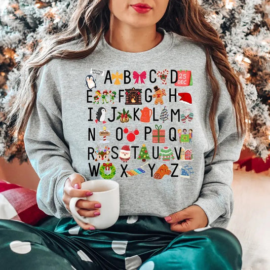 Christmas Alphabet Sweatshirt, Christmas Teacher tshirt, Santa' s favorite teacher,Christmas Classroom, Alphabet Kindergarten T-Shirt Cotton Crewneck