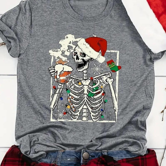 Christmas Drinking Skeleton Print T-shirt, Casual Short Sleeve Crew Neck Top, Women's Clothing Cotton Crewneck