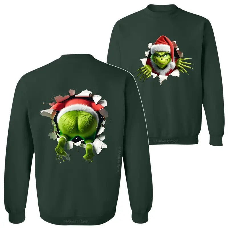 Christmas Movie Character Green Guy The Grin Sweatshirt Hoodie, Trendy Christmas Season 2 Sided Graphic Printed Unisex Classic Comfort Cotton T-Shirt
