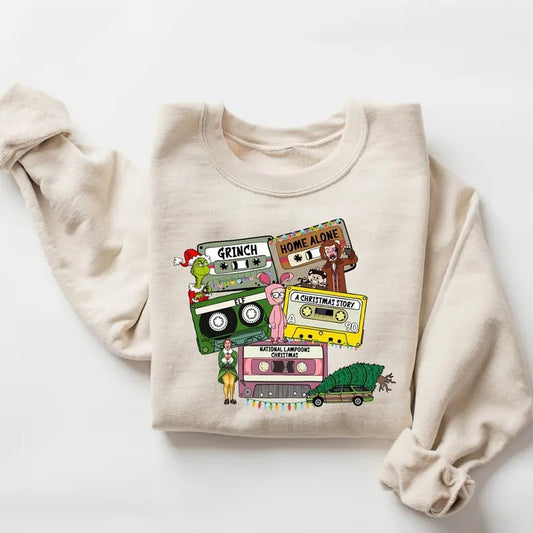 Christmas Movies Sweatshirt, Christmas Sweater, Xmas Cassette Tapes Shirt, Retro Christmas Tee, Cute Holiday Shirts, Grinh