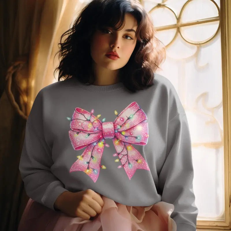 Christmas Pink Bow Sweatshirt, Cozy Holiday Sweatshirt, Cute Gift for Her, Festive Light-Up Bow Shirt, Cute Christmas Sweatshirt
