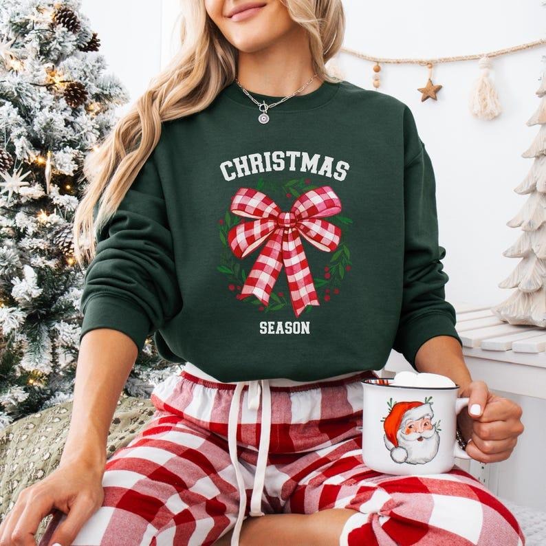 Christmas Season Sweatshirt Christmas Bow Sweater Colorful Holiday Sweater Christmas Pajama Shirt Gift Comfortable Xmas Shirt Gifted