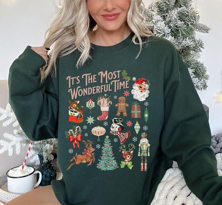 Christmas Sweatshirt, It's The Most Wonderful Retro Santa Shirt, Vintage Style Christmas Doodles, Christmas Tree Sweatshirt, Holiday Apparel