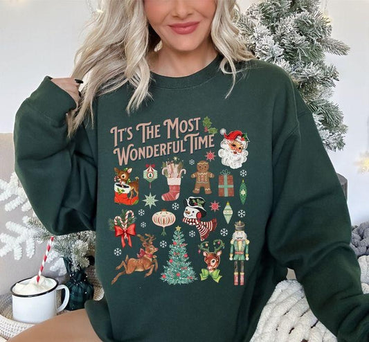 Christmas Sweatshirt, It's The Most Wonderful Retro Santa Shirt, Vintage Style Christmas Doodles, Christmas Tree Sweatshirt, Holiday Apparel