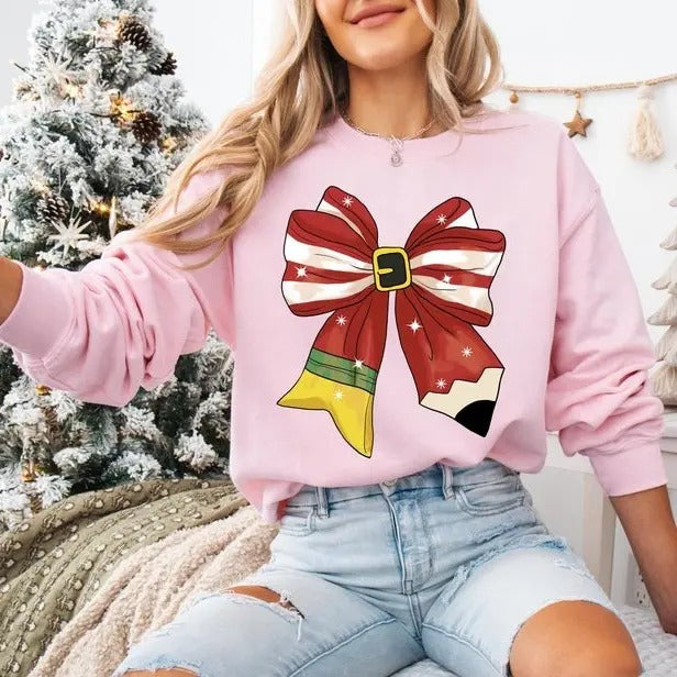 Christmas Teacher Shirt, Coquette Teacher Sweatshirt, Christmas Gift for Teacher, Teacher Bow Shirt, Unisex Shirt, Gift For Him, Gift For Her