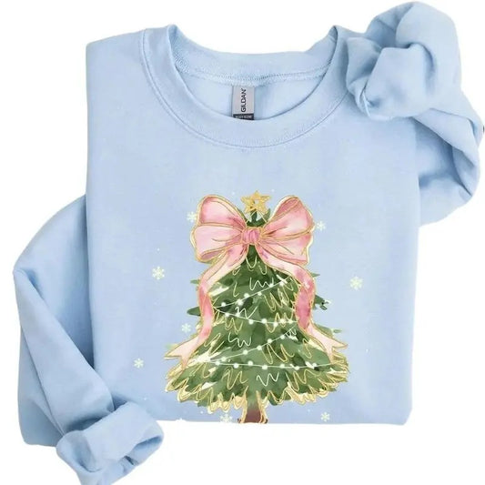 Christmas Tree Bow Shirt, Christmas Sweatshirt for Women, Christmas Tree Tshirt Cotton Womenswear