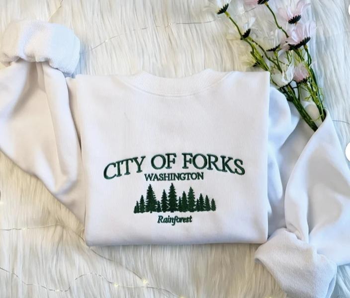 City of Forks Embroidered Sweatshirt | Washington Embroidered Hoodie | City Of Forks Washington Sweater | Forrest Crew Neck Sweatshirt
