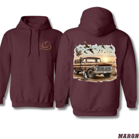 Classic Hunting Truck Hoodie - Outdoor Graphic with Hunting Dog and Vintage Pickup Truck, Ideal for Nature Lovers and Adventurers, Unisex Hoodie for Comfort and Warmth in the Wild Menswear Sweaters