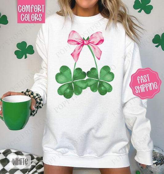 Clover Bow Comfort Colors Sweatshirt, St Patrick's Day Women's Crewneck, Cute Women's Sweater