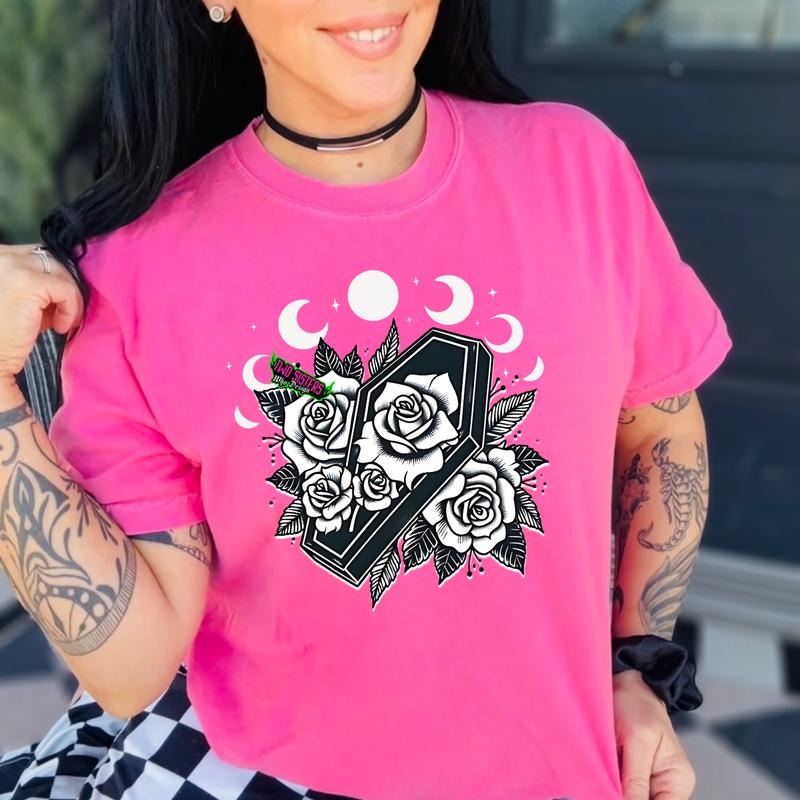 Coffin & Moon Celestial Vibe with Roses - Unisex Short Sleeve Shirt in Neon Pink - Comfortable, Cozy, Summer Ready, Alt Fashion