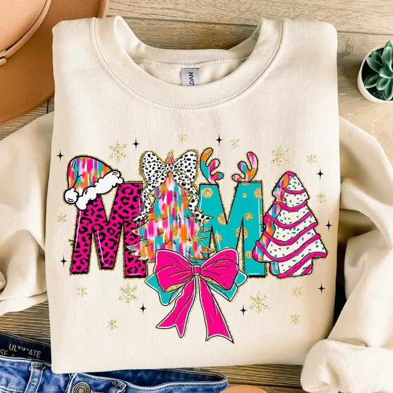 Colorful Coquette Glitter Christmas Mama SWEATSHIRT, Mama And Mini SWEATSHIRT, Christmas Tree Cake SWEATSHIRT, Bright Color Christmas SWEATSHIRT, Christmas brushstroke