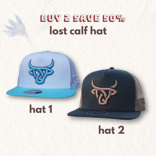 Combo 2 Hat Lost Calf-Hervey Flat Bill Adjustable Hat, Lost Calf 3D Flat Bill Hat, Western hat