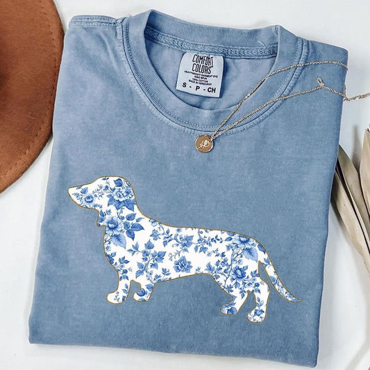 Comfort Colors Blue Floral Toile Dachshund Shirt, Floral Doxie Mama Tee, Wiener Dog T-shirt