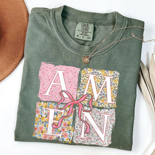 Comfort Colors Coquette Amen Bow Shirt, Floral Easter Christian Shirt, Floral Amen Tee, Christian T-Shirt, Bible Verse