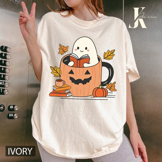 Comfort Colors Cute Ghost Reading Books Shirt, Women's Halloween Shirt, Books Lover Halloween Shirt, Bookish Halloween Shirt, Spooky Season