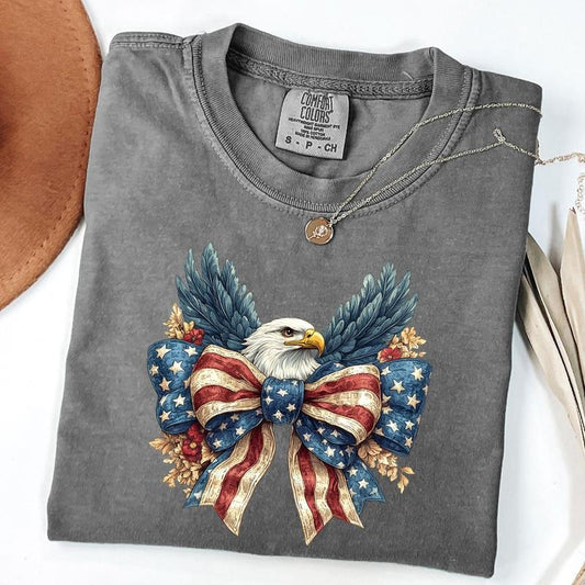 Comfort Colors Eagel American Flag T-Shirt, Eagle America Bow Tee, Coquette 4th Of July Shirt