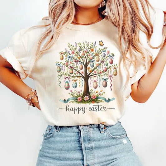 Comfort Colors Easter Tree T-Shirt, Happy Easter Shirt, Cute Easter Egg Shirt Cotton Fashion