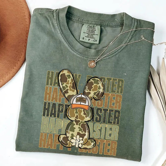 Comfort Colors Egg Hunter Bunny Shirt, Camo Bunny Shirt, Happy Easter T-Shirt