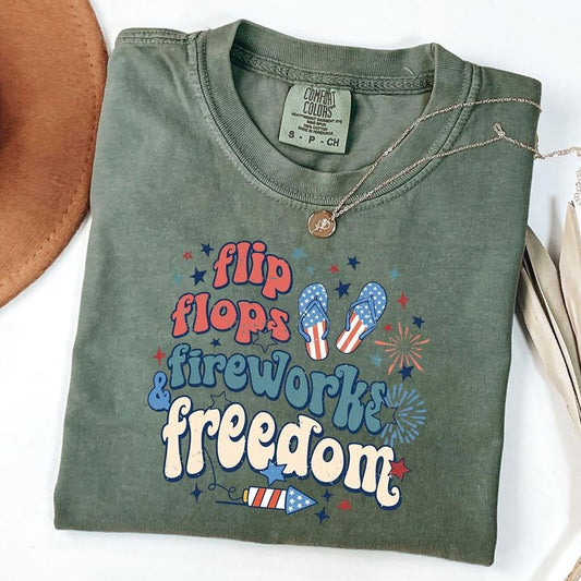 Comfort Colors Flip Flops Fireworks Freedom Shirt, Patriotic Tee, Fourth of July Shirt, 4th of July Shirt, Independence Day T-Shirt