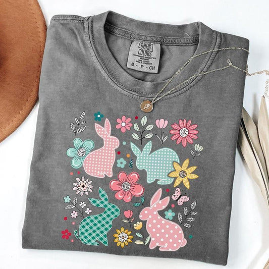 Comfort Colors Floral Easter Shirt, Easter Bunny T-Shirt, Easter Shirts for Women, Spring Floral Bunny Tee