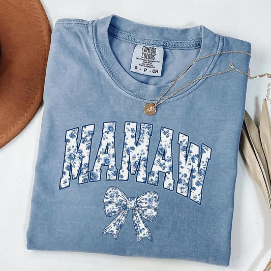Comfort Colors Floral Mamaw Shirt, Coquette Bow Mamaw T-Shirt, Chinoiserie Style Mamaw Tee, Gift for New Mom, Pregnancy Reveal Gifts