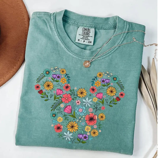 Comfort Colors Floral Mouse Head Shirt, Whimsical Ears Tee, Whimsical Mouse Silhouette Shirt, Enchanted Vacation Family Tee, Fantasy Park Trip Shirt