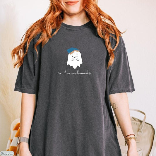 Comfort Colors Ghost Book Shirt, Read More Booooks Shirt, Book Lover Shirt, Spooky Season Shirt, Ghost Reading Shirt, Halloween Unique Shirt