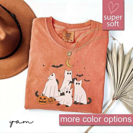 Comfort Colors Ghost Cat Shirt, Cat Ghost T-Shirt, Cute Cat Lovers Shirt, Retro Ghost Halloween, Halloween Cat T-shirt, Spooky Season Gift