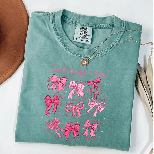 Comfort Colors God says I am Coquette Shirt, Pink Coquette Bows Shirt, Bible Verse Tee, Christian Bow T-Shirt