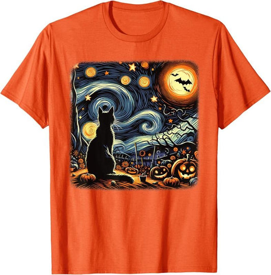 Comfort Colors Halloween Van Gogh Starry Night Black Cat Pumpkins Bats T-Shirt