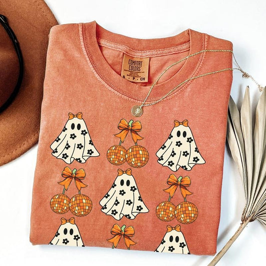 Comfort Colors Halloween Сute Ghost Coquette Disco Cherry Shirt, Spooky Season Shirt, Halloween Women T Shirt, Halloween Tee