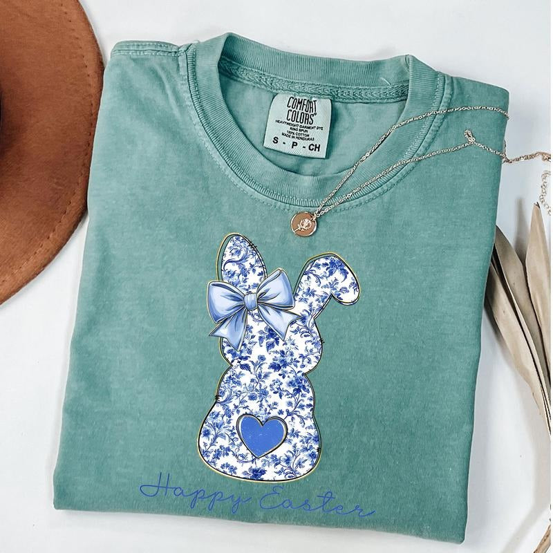 Comfort Colors Happy Easter Bunny Shirt, Blue Floral Chinoiserie Bunny Shirt, Blue Toile Easter Rabbit Tee, Easter Coquette T-shirt