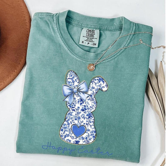 Comfort Colors Happy Easter Bunny Shirt, Blue Floral Chinoiserie Bunny Shirt, Blue Toile Easter Rabbit Tee, Easter Coquette T-shirt